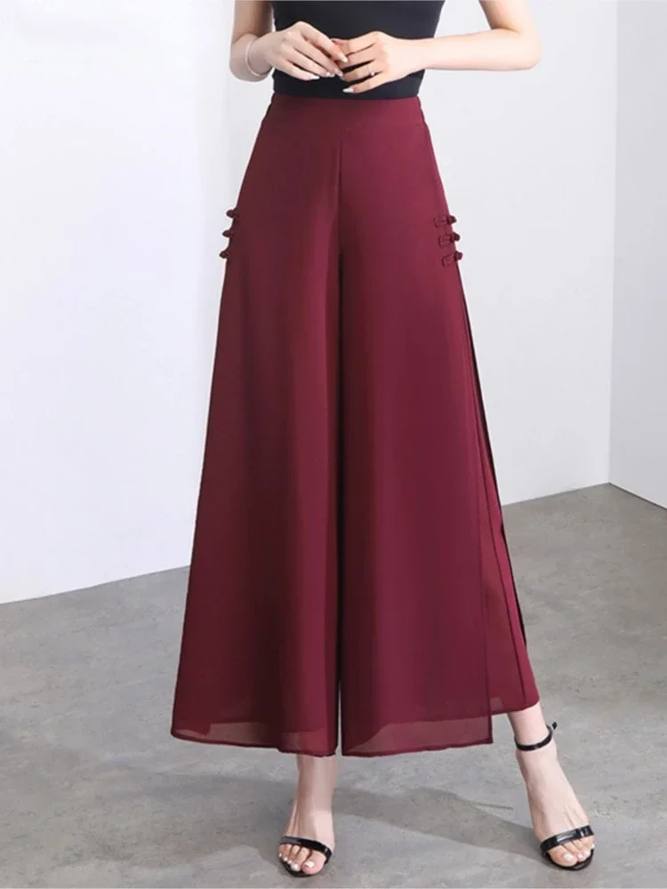 Women Side Slit Chiffon Pants Summer Thin Elastic Waist Wide Leg Pants Chic Droop Trousers Chinese Style Nine Point Pants