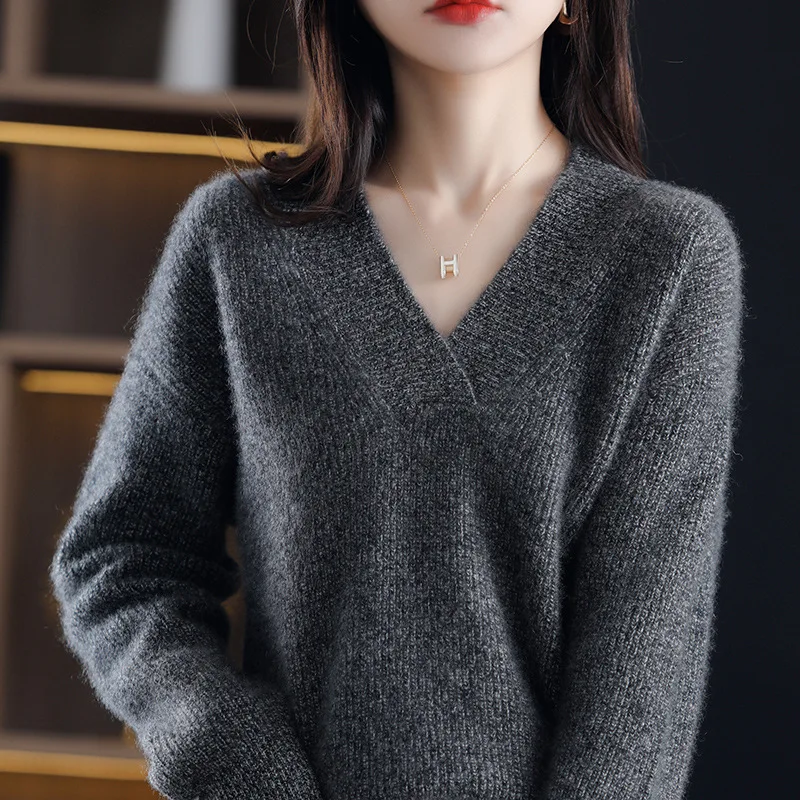 V-Neck Autumn Winter Sweater pullovers Women 2024 loose thick cashmere Sweater Pullover women oversize sweater