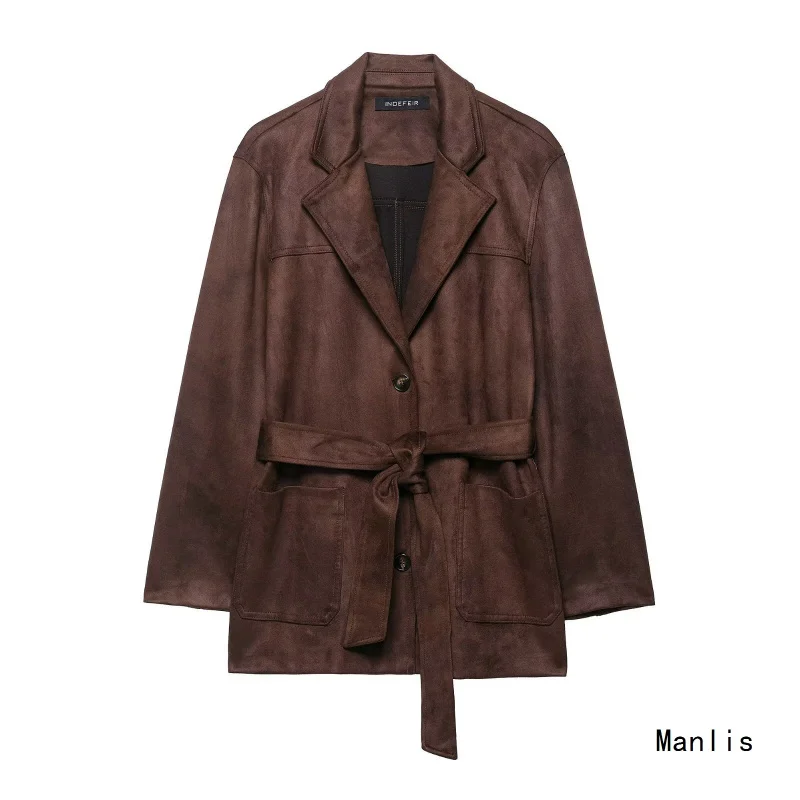 

European and American Style2025New Fashion Belted Suede Effect Jacket Coat