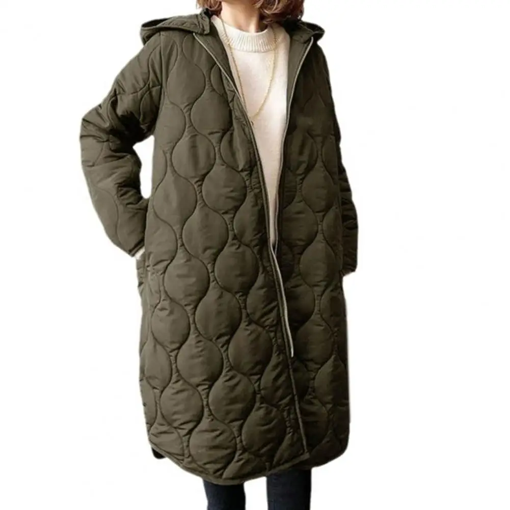 Fall Winter Women Jacket Hooded Zip-up Rhombus Texture Thin Padded Long Sleeves Mid Length Loose Work School Daily Coat