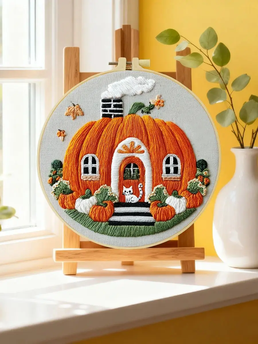 1 Stück 20X20CM/15X15CM 7,87/6,3 Zoll Kürbis-Haus Stickerei-Starter-Kit DIY-Kit DIY-Stickerei-Set Handarbeiten Nähkunst – Detail 6