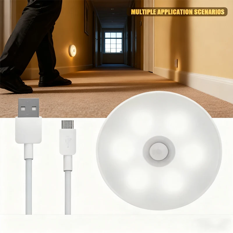 LED ضوء الليل USB شحن ذكي الحث البشري لخزانة بجانب السرير خزانة المنزل محس حركة ضوء Led مصباح # $