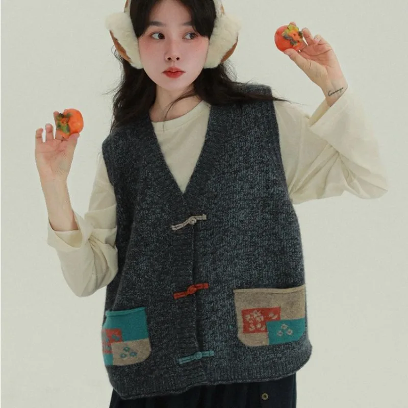 

Chinese Style Vintage Cardigan V Neck Sleeveless Pockets Patchwork Sweater Vest Fashion Design Knit Top All Match Women Clothing