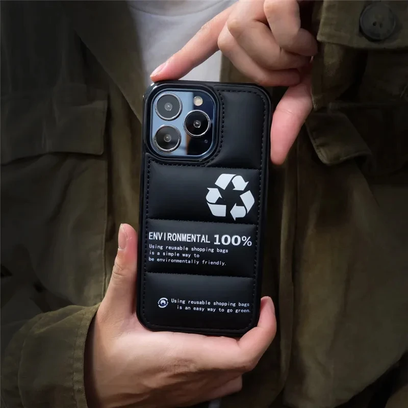 Mobile Phone Case for iPhone, Creative Down Jacket, Recycling Logo, iPhone 15, 14, 13, 12 Pro Max, Down Personality