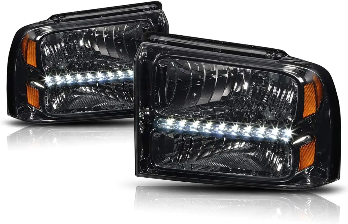 

LED DRL Headlights Assembly Set Compatible with 05-07 Ford F250-F350 SD | Headlamps with Smoked Lens