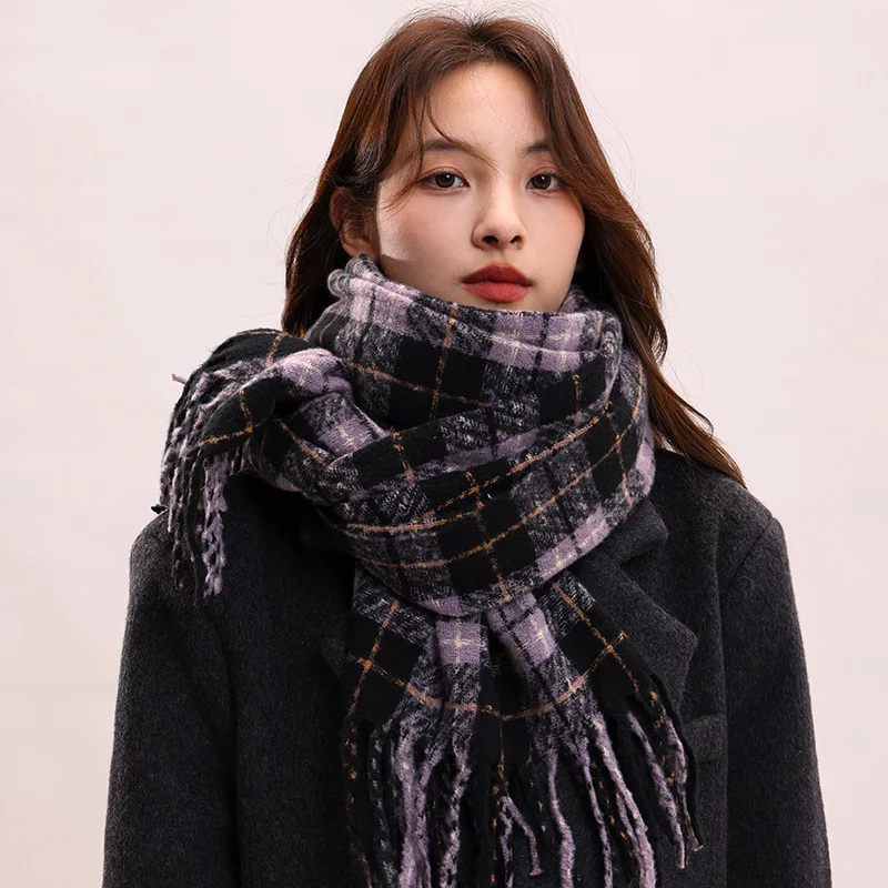 Purple Yam Luxury Scarf for Women, Winter Korean Style Versatile Plaid Shawl, Soft and Retro Warm Neck Warmer
