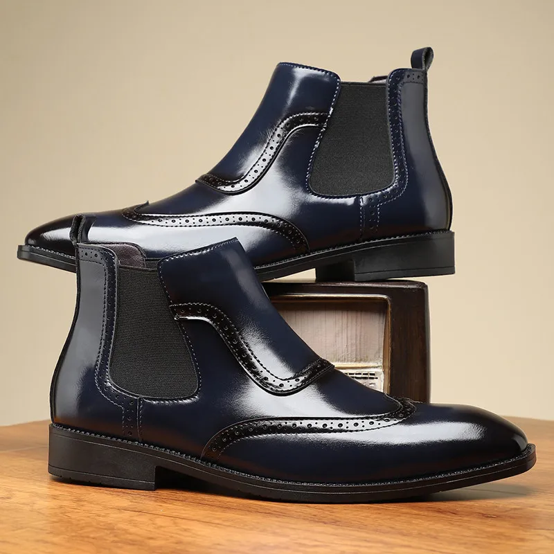 New Autumn Designer 2026 Men's Pointed Toe Business Leather Casual Chelsea Ankle Boot Male Brogues High Top Shoes Zapatos Hombre