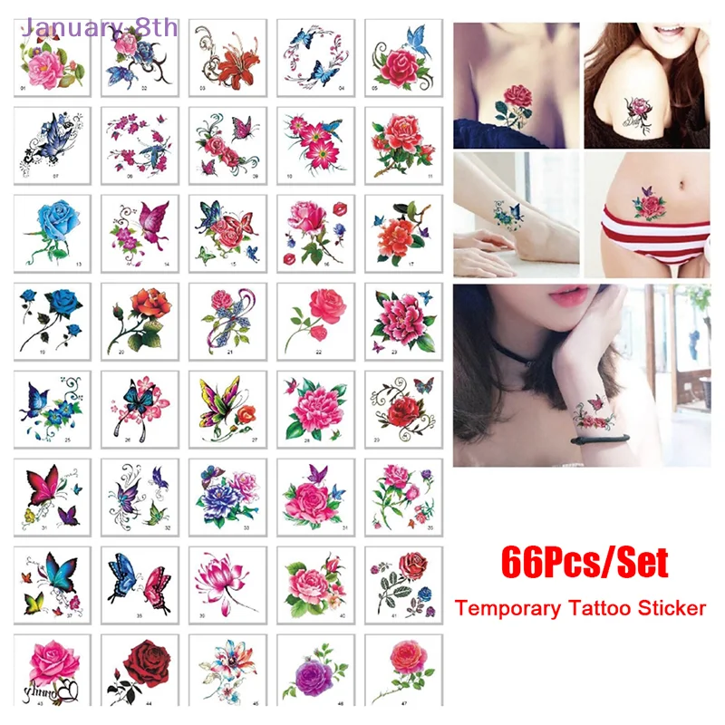 66 Sheet Fashion Colorful Flowers Tattoo Women New Waterproof Temporary Black Tattoo Sticker Body Art