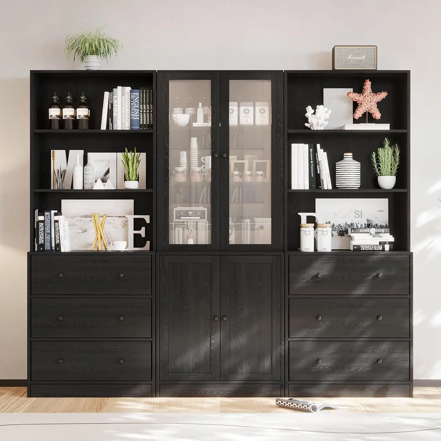 

Vertical filing cabinet, 3-layer modern bookshelf with 3 large drawers, wooden filing cabinet with open storage shelves