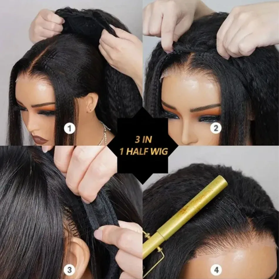 Kinky Straight 3-in-1 Half Wig Human Hair, Drawstring, 250% Density