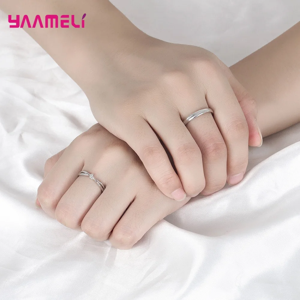 925 Sterling Silver Cubic Zircon Opening Adjustable Band Promise Couple Ring for Women Men Wedding Engagement Party Jewelry Gift