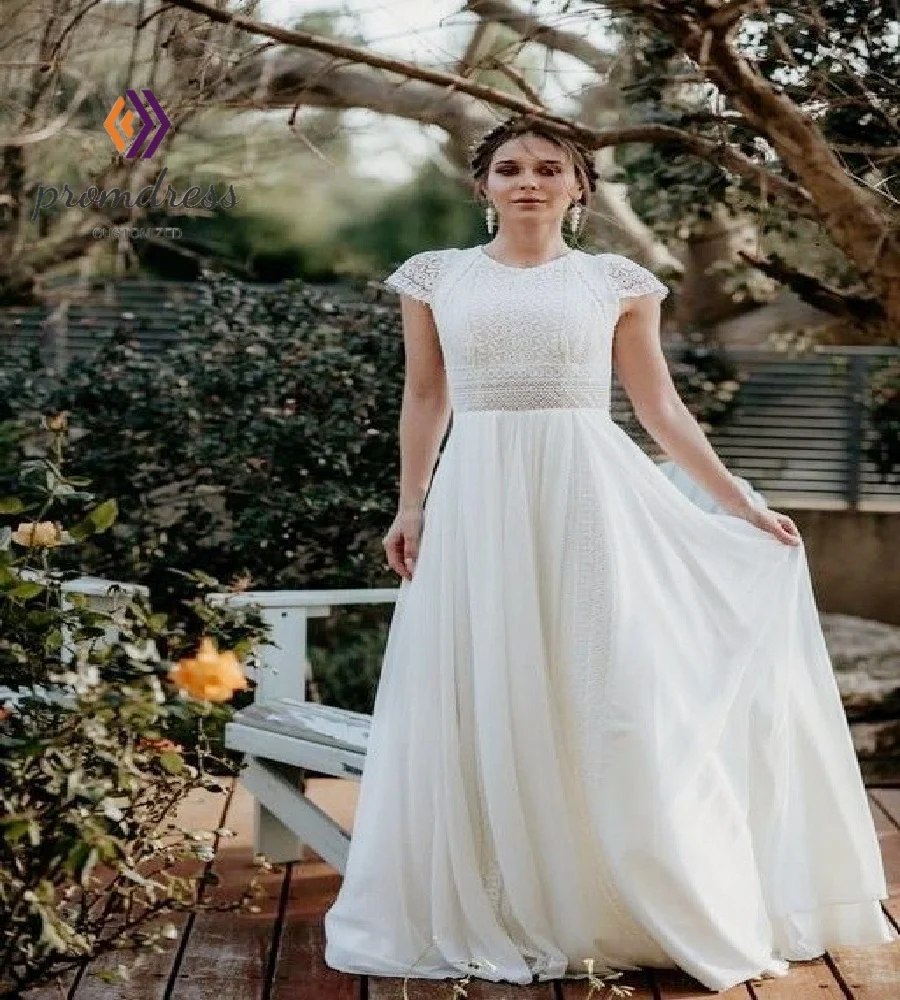 

Elegant Bohemian Style Beach Wedding Dress 2026 Cap Sleeve Lace Gatsby Boho Bride Dress O Neck Chiffon Cetic Civil Bridal Gowns