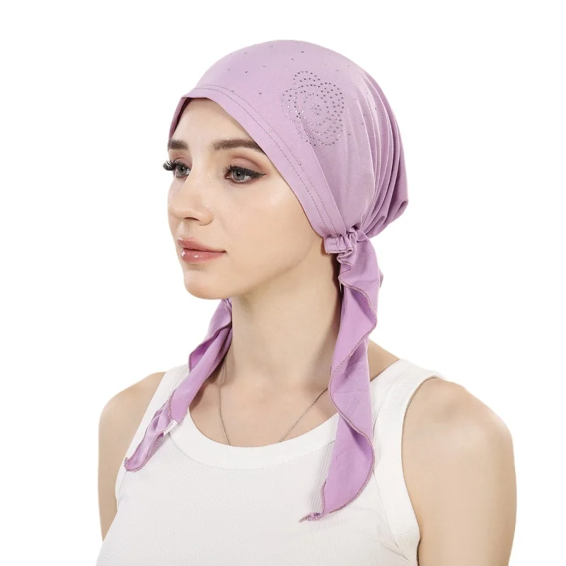 KepaHoo Trendy Rose Hot Drill Muslim Hijabs Turban Bonnet Long Tail Head Wraps Hijab Hats Breathable Chemo Cap For Women Girls