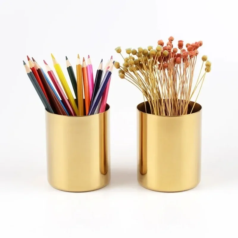 

Gold Stainless Steel Round Pencil Case Metal Creative Storage Pencil Case Software Ornaments Vase Flower Arrangement