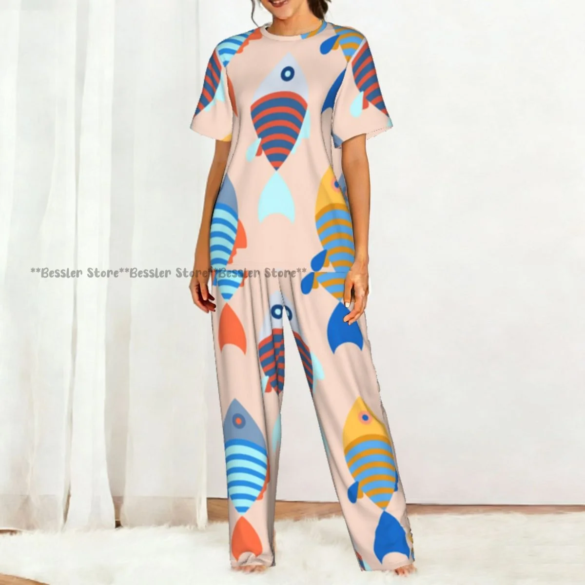 Women Pajama Sets Lounge Sleepwear Fish Bright Background Short Sleeve Nightwear view 5