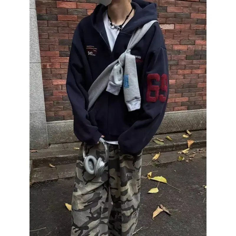 

American Sle Heavy Embroidery Faded Sweatirt Men's Hong Kong Sle Retro INS Lazy Long Sve Loose Top Streetwear