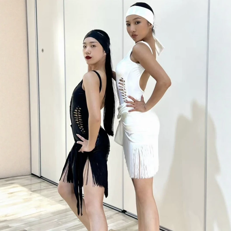 2025 Sexy Uitsparing Lederen Top Kwasten Rokken Dames Samba Latin Danswedstrijd Kostuum Volwassenen Ballroom Dans Slijtage SL13690