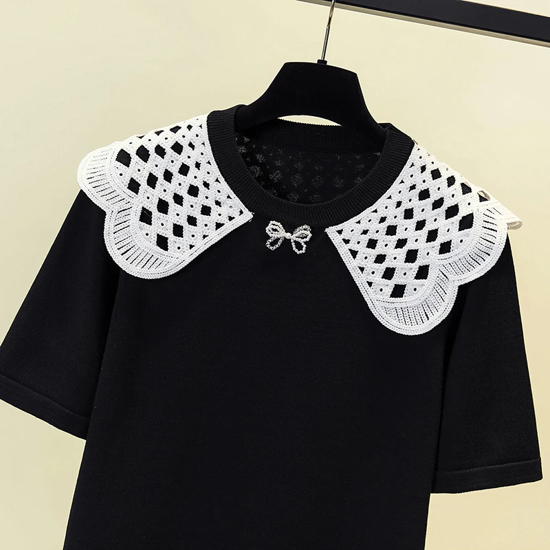 Fashion Bow Beading Stylish Sweater Pullover Women Knitted Tshirt Tops 2023 Summer Drawstring Lace Elegant Knitwear Pull