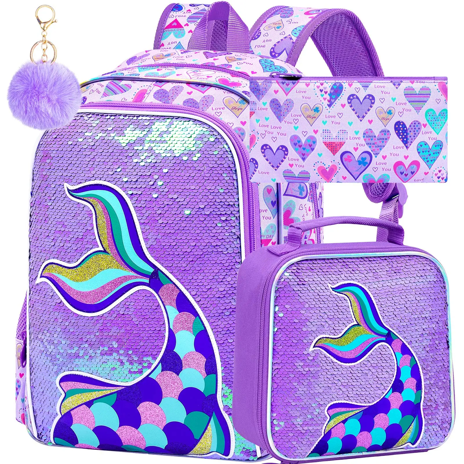 kid's-backpack-3pcs-16-inch-uv-print-purple-mermaid-tail-school-backpack-set-one-backpack-one-handbag-and-one-pencil-case
