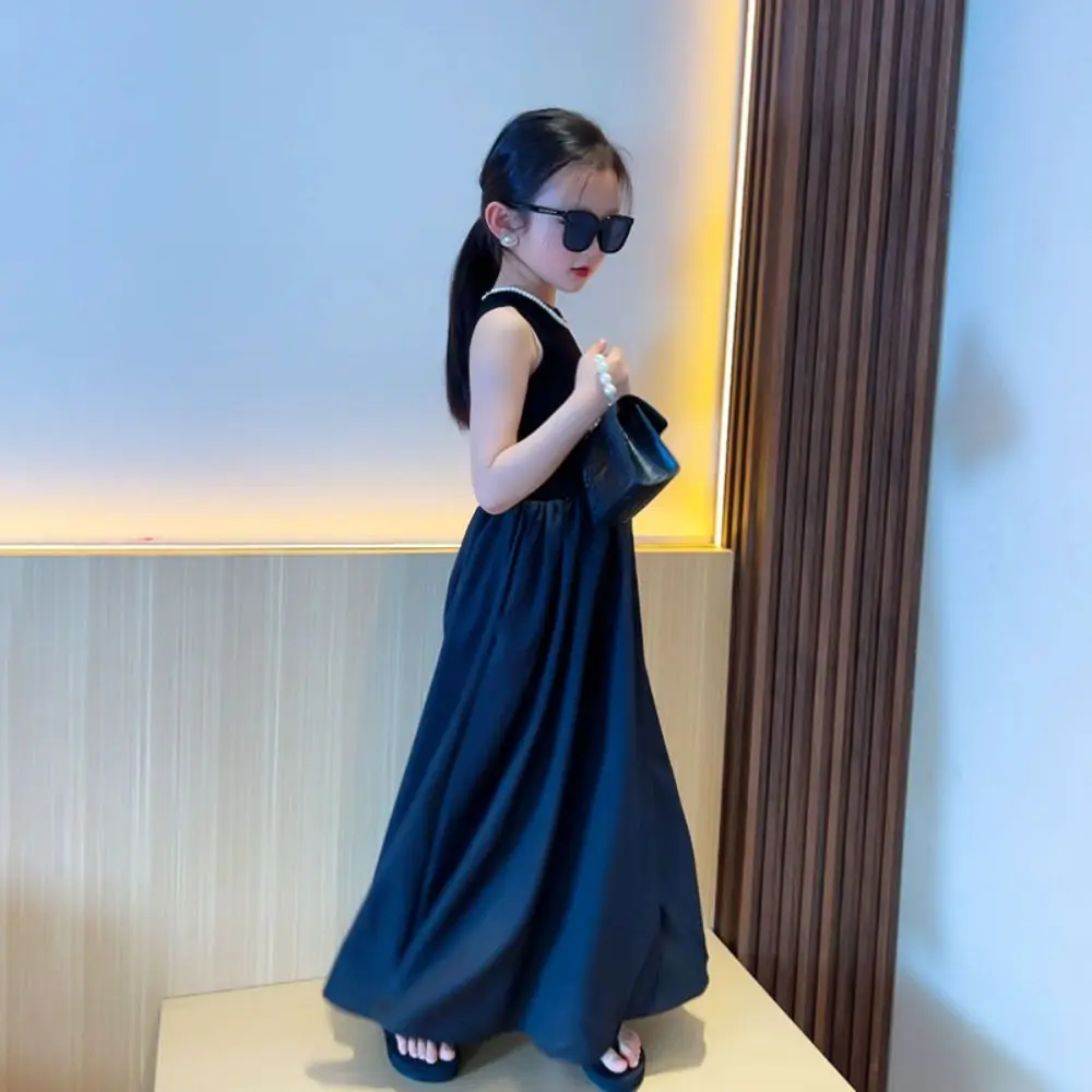 Casual sem mangas menina vestido de princesa doce elegante adolescentes vestido de festa solto crianças vestido preto verão