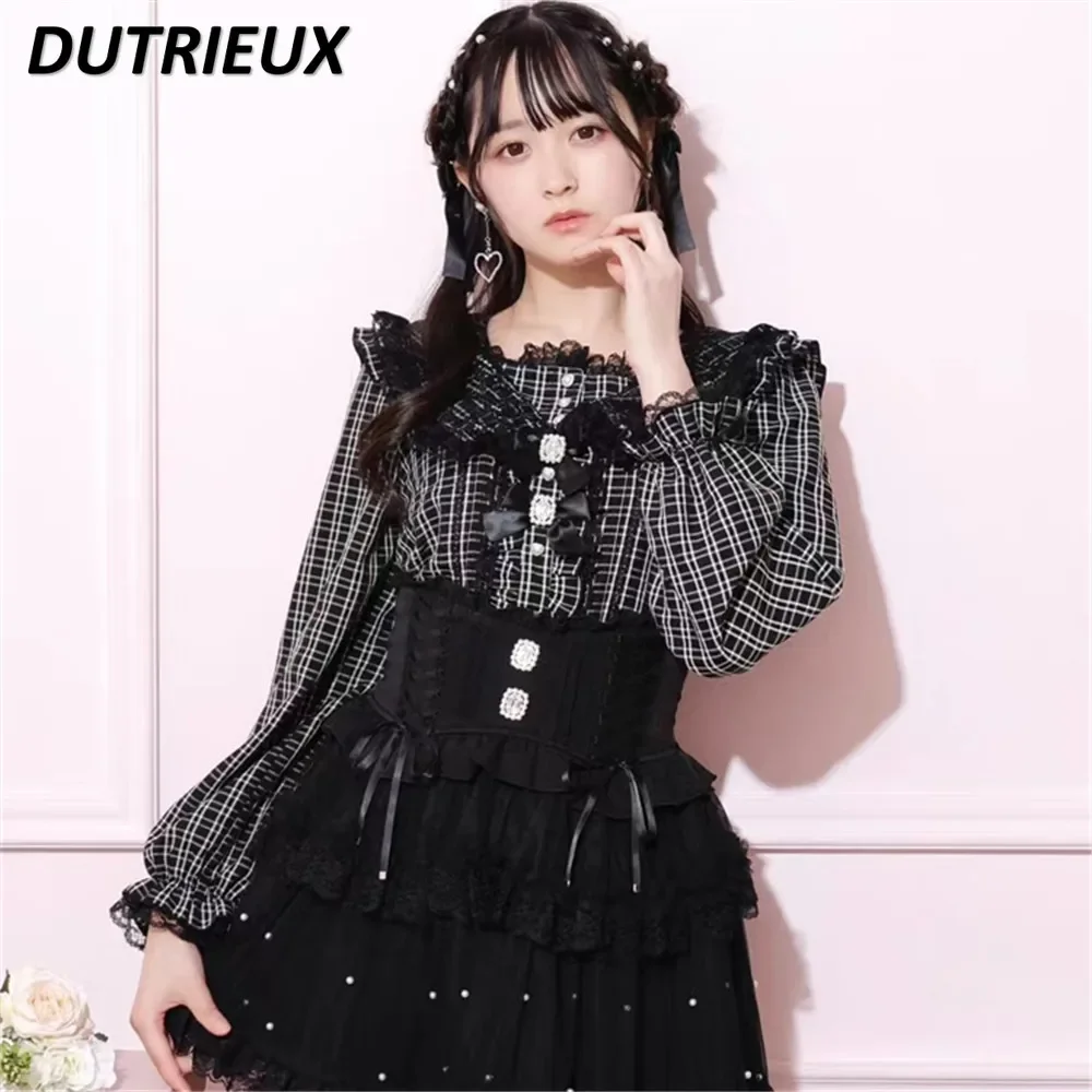 Japanese Style Original New Mine Versatile Shirt Spring Sweet Girls Lace Camisas Cute Bow Long-sleeved Tops for Women