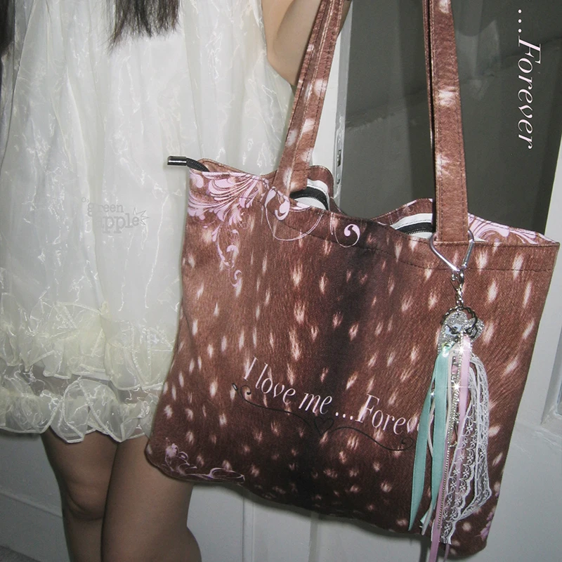 Schultertasche aus Canvas im Mori-Girl-Stil mit Hirschmuster, Damen-Einkaufstasche mit Elch-Textur, niedliche, leichte Reise-Einkaufstasche mit großem Fassungsvermögen – Detail 10