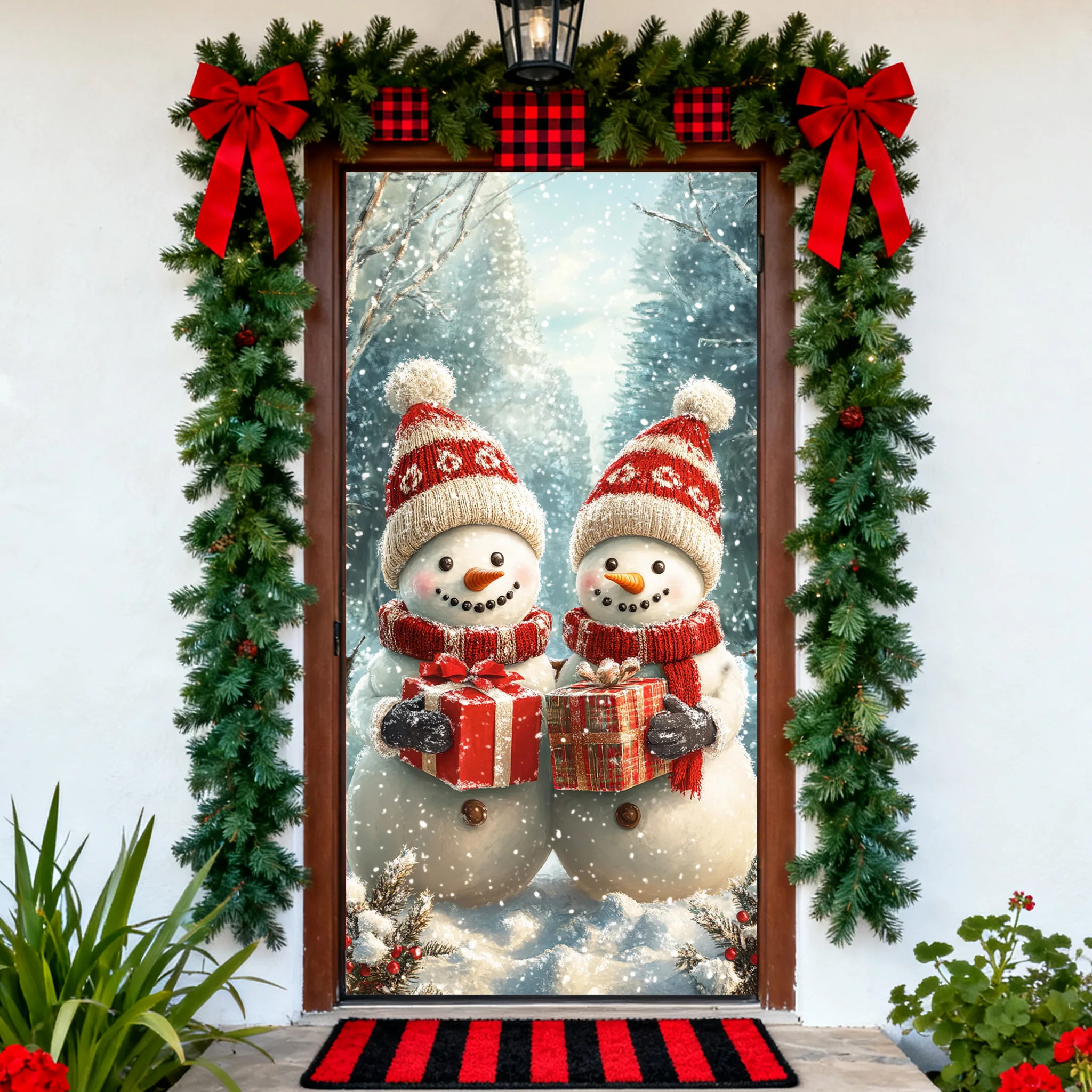 

Christmas snowman Theme door cover background winter red Christmas tree festival room door decoration backdrop