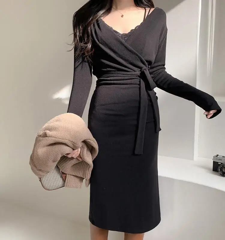 Coréen Sle v-ne Long Sve Dr femmes minceur a-ligne Midi Dr automne hiver pur désir taille pliée longue Dr