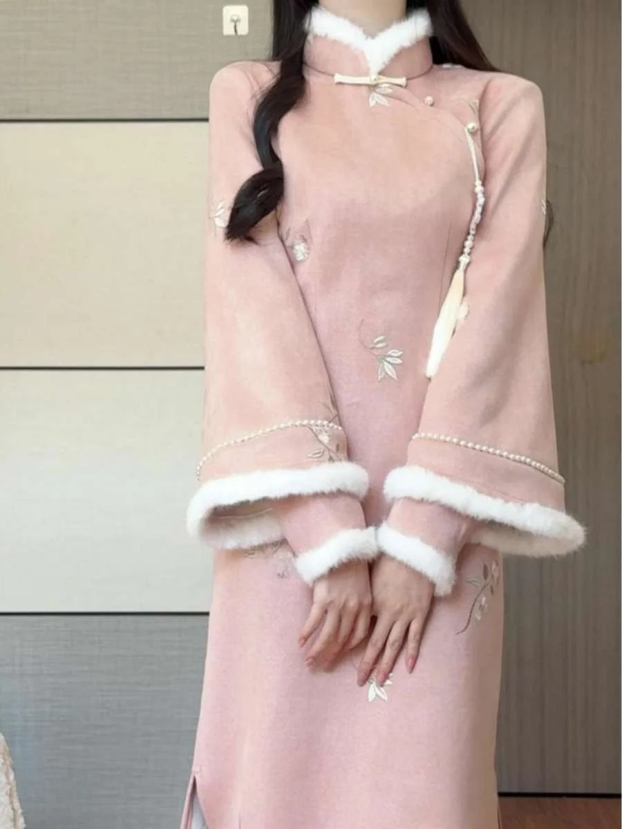 

Новое зимнее традиционное китайское женское теплое платье с воротником матча и длинным светом