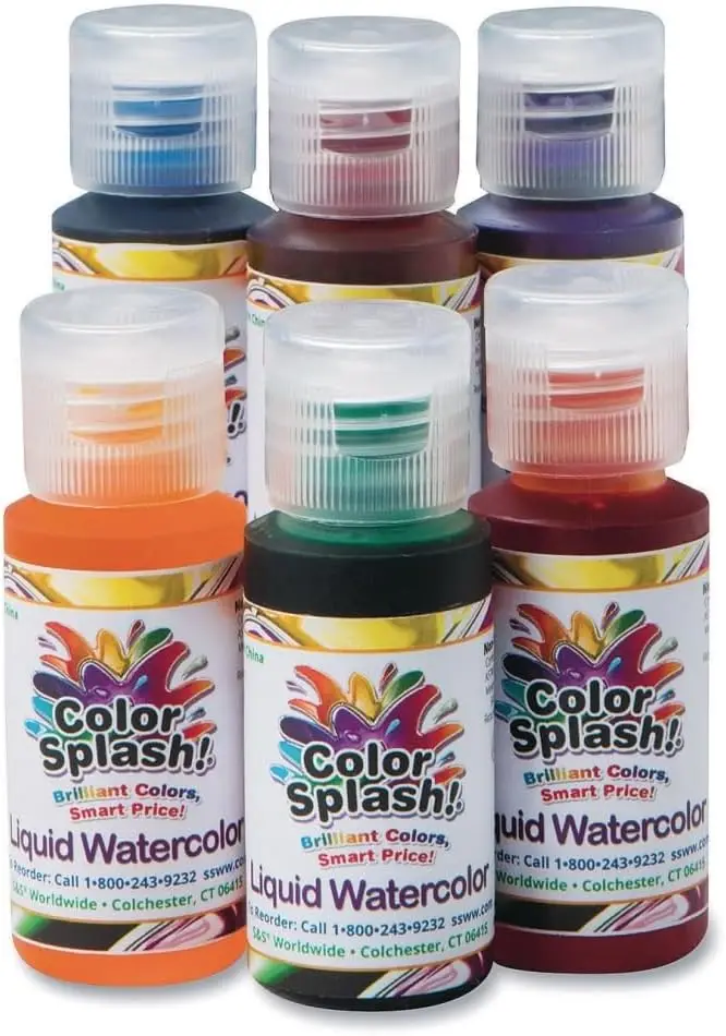 

6 Vivid Liquid Watercolors, 1oz Bottles, Non-Toxic, for Art & Crafts