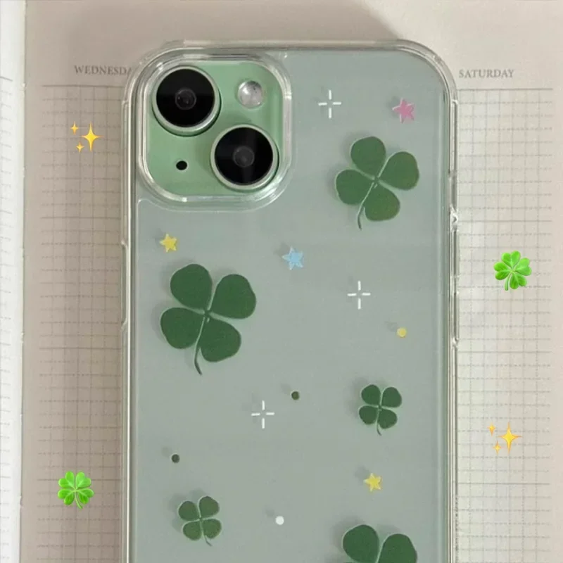 Cute Lucky Grass Clear Phone Case For iPhone 17 16 15 14 13 12 11 Pro Max Mini SE 7 8 Plus Air Y2K Shockproof Soft Cover Fundas