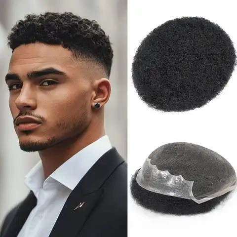 Afro Kinky Curly Toupee For Man Human Hair Breathable Lace With PU Around Base Hair Pieces Natural-Looking Hairline Hair Replacement System Male Hair Units #1B