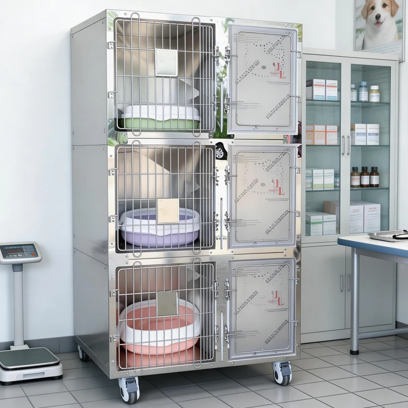 Deluxe Three-Layer Cat Cage Luxury Stainless Steel with Detachable Tray Easy Clean