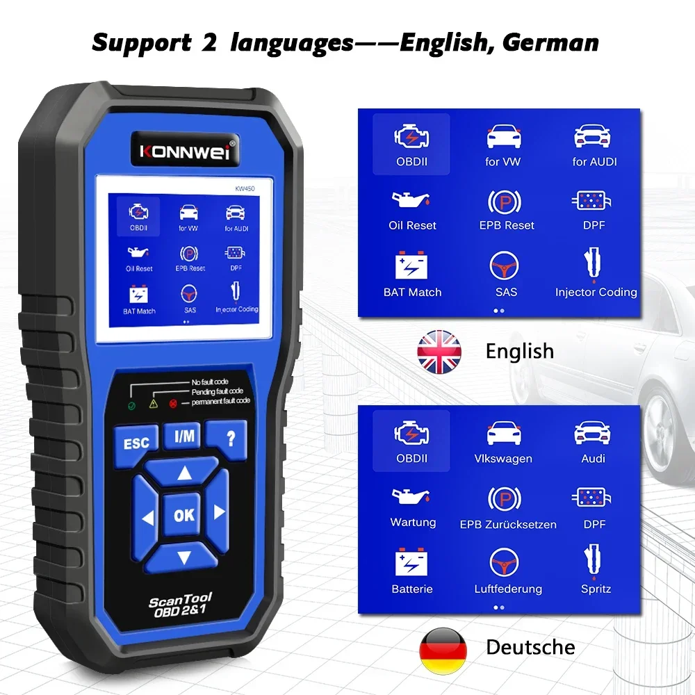 KONNWEI KW450 All Systems Car OBD2 Diagnostic Tool for VAG for VW for Audi ABS Airbag Oil ABS EPB DPF SRS TPMS Reset Scanner