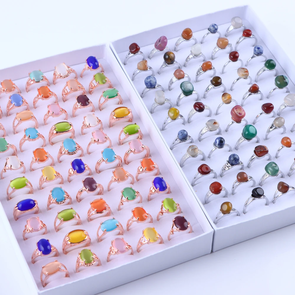 10Pcs/Lot Fashion Natural Stone Ring For Women Men Bohemia Classic Mix Random Color Style Jewelry Accessories Wedding Party Gift