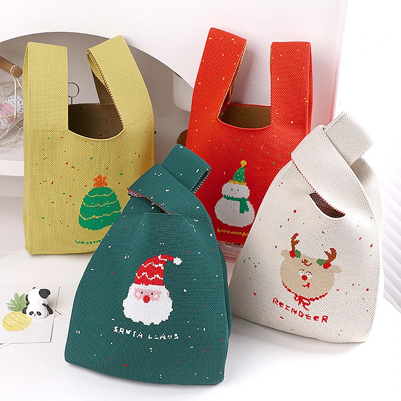 Lindo regalo de Navidad bolso de muñeca con nudo bolsa de dulces bolso de cubo de lana bolso de punto reutilizable de Navidad bolso de viaje bolso de mano