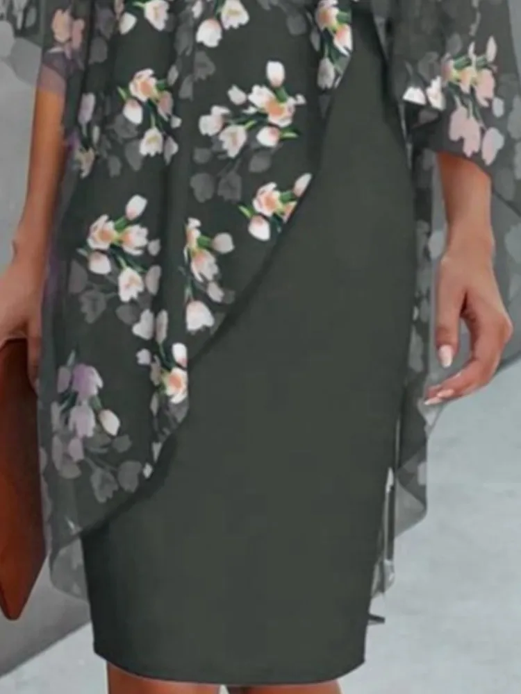 Elegant O-neck Half-sleeved 2-piece Dress For Women Autumn Fashion Irregular Suit Flower Printing Loose Dresses Female