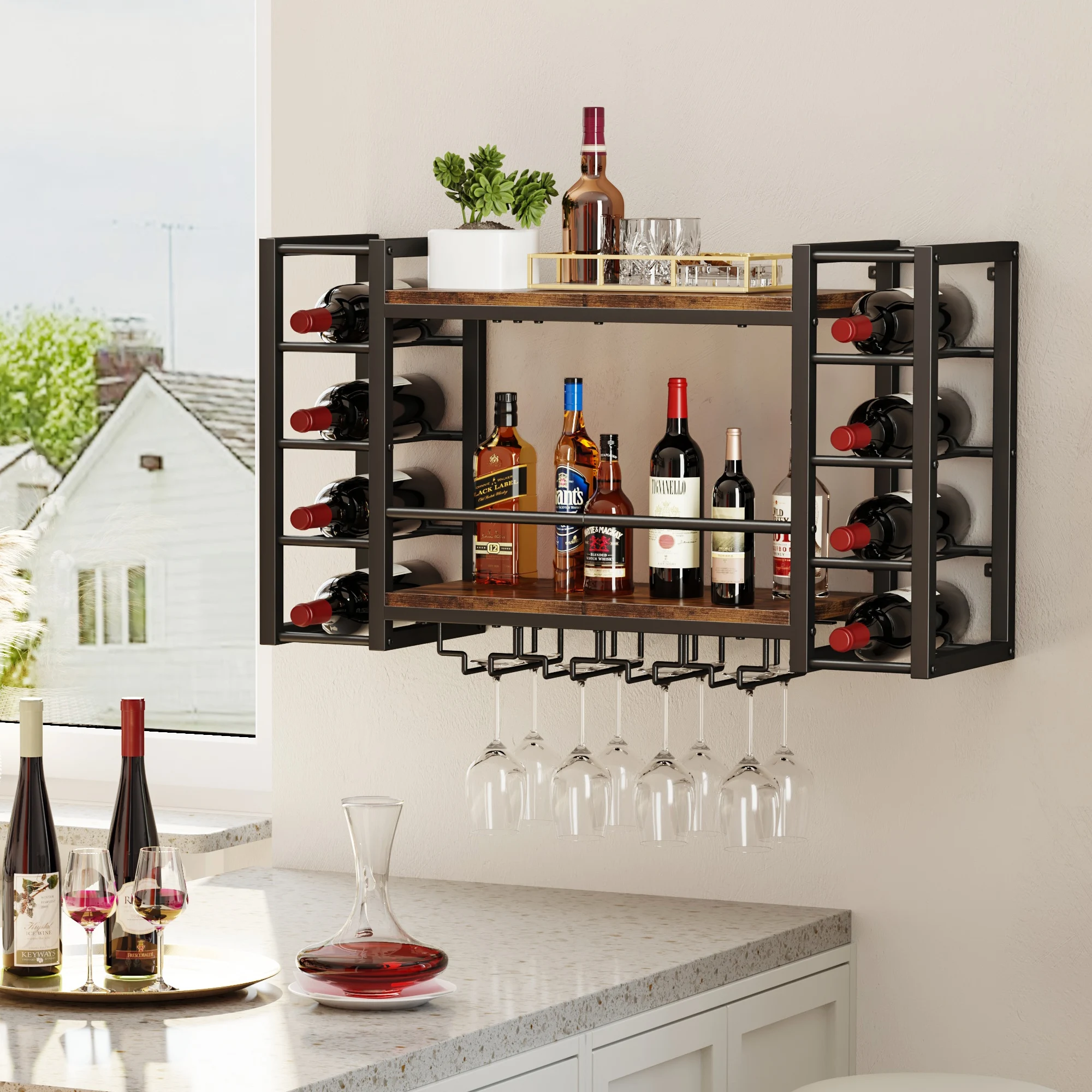 

Double Layer Wall Mounted Wine Rack With Glass Cup Holder Metal Bottle Holder Wine Storage Display Shelf For Home Bar