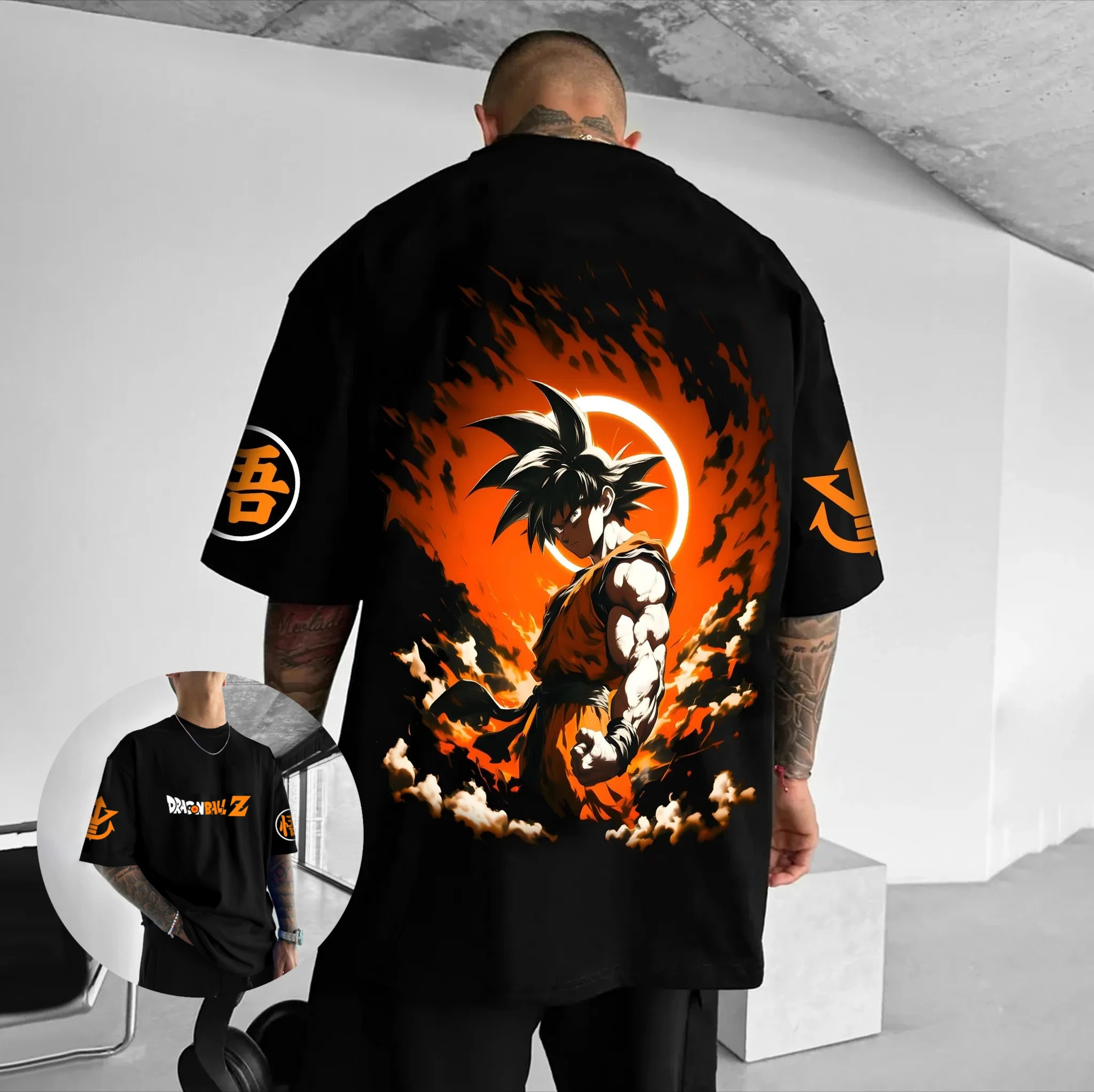 2026 Dragon Ball Goku & Shenron Flammen-Print Baumwoll-Oversize-T-Shirt für Herren und Damen – Lässiges, locker sitzendes Unisex-Anime-Grafik-Oberteil