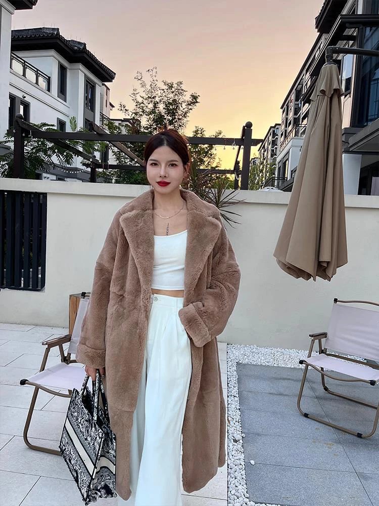 Winter Long Real Rabbit Fur Coat Luxury Elegant Stylish Thick Warm Fluffy Hairy Soft Women Overcoat Sashes
