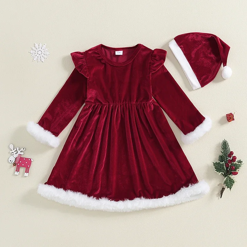 Tregren Little Girl Princess Dress Christmas Outfit  Ruffle Plush Trim Round Neck Long Sleeve Red Dress Santa Hat 2 Piece Set