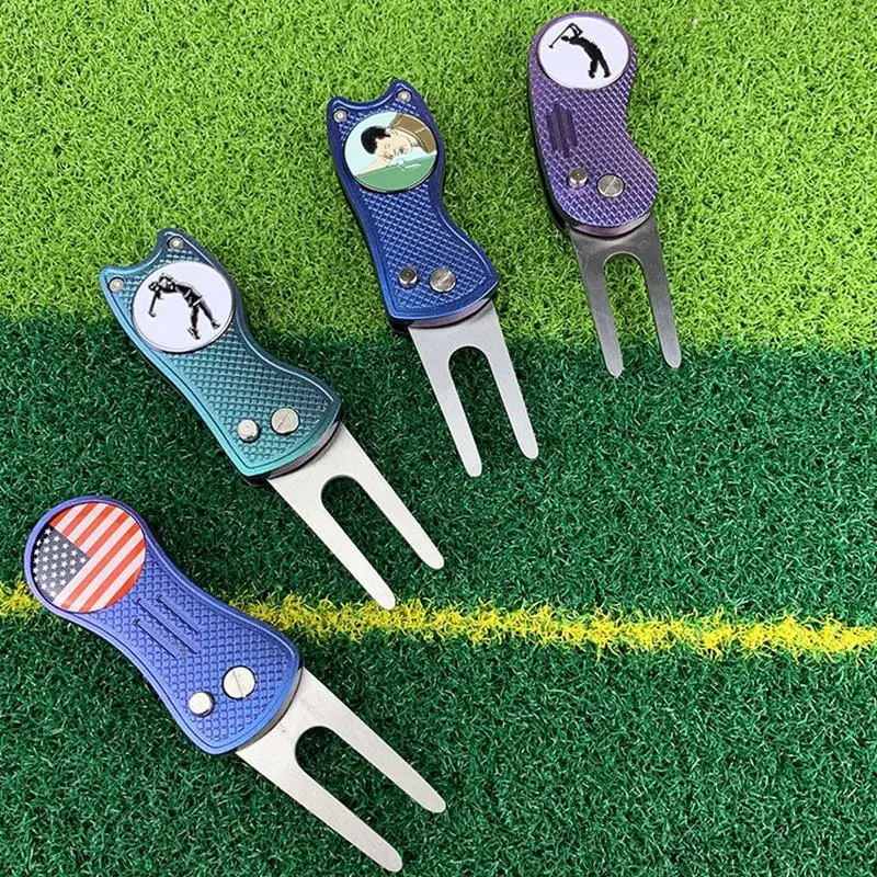 Golf Green Fork Golf Pitch Fork Divot Repair Tool Putting Green Fork Golf Accessories Golf Ball Marker positioner with caps clip