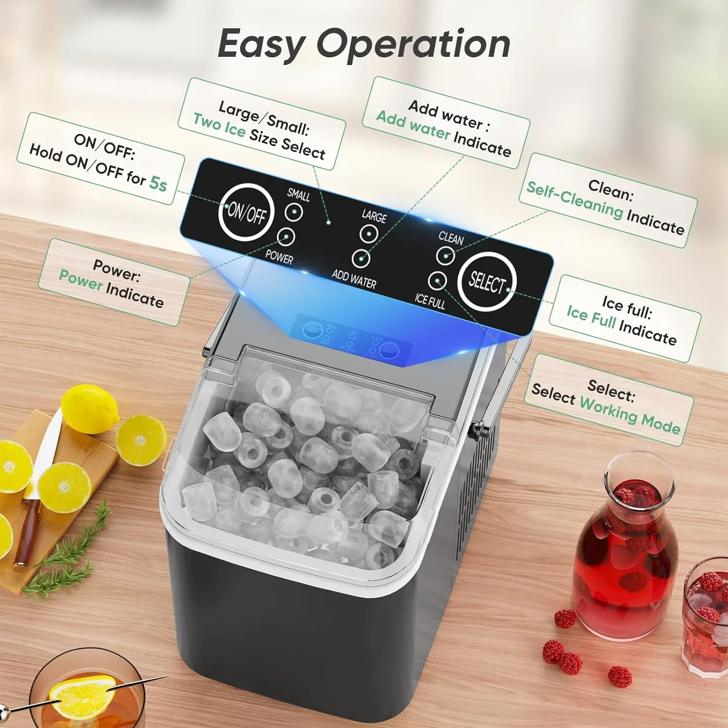 Efficient Countertop Nugget Ice Maker Machine, Produces 9 Ice Cubes in Just 6 Mins, Makes up to 26.5lbs of Ice in 24Hrs, Self-Cl