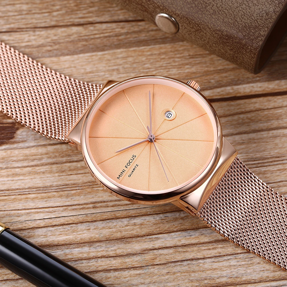 MINI FOCUS 0176 العلامة التجارية الأنيقة ساعة كوارتز الرجال رقيقة جدا الهاتفي التقويم مقاوم للماء الصلب حزام موضة ساعات الأعمال للرجل