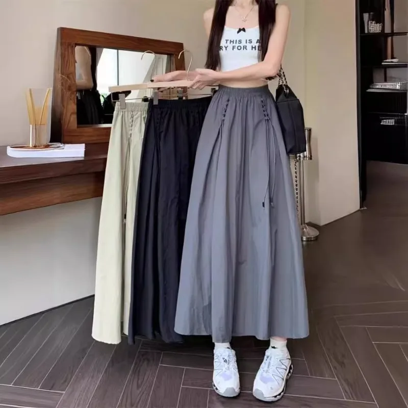 Spring Summer Women's High Waist Loose A-Line Cargo Midi Skirt Casual Big Swing Skirt