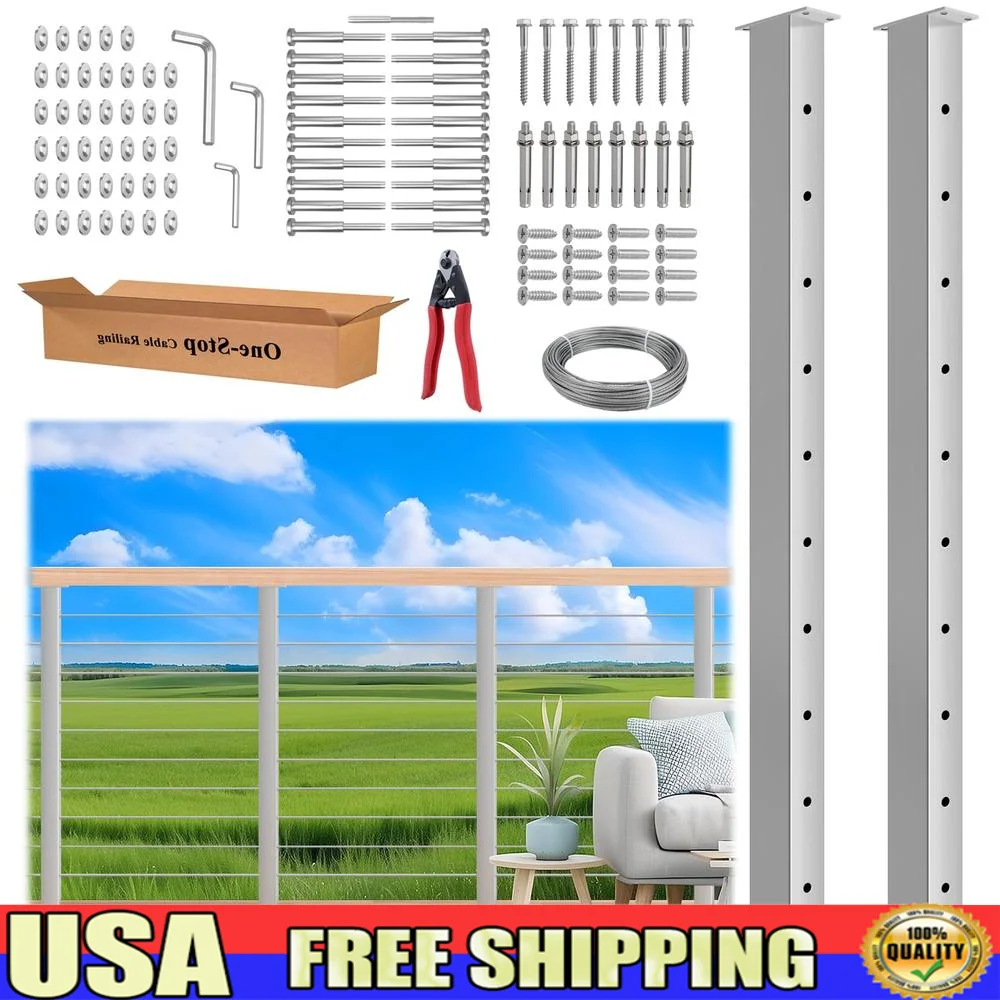36" Stainless Steel Cable Railing Post Kits 2Pack Level Drill Line Posts 82ft Cable Marine-Grade SS316 Top System Saves Time