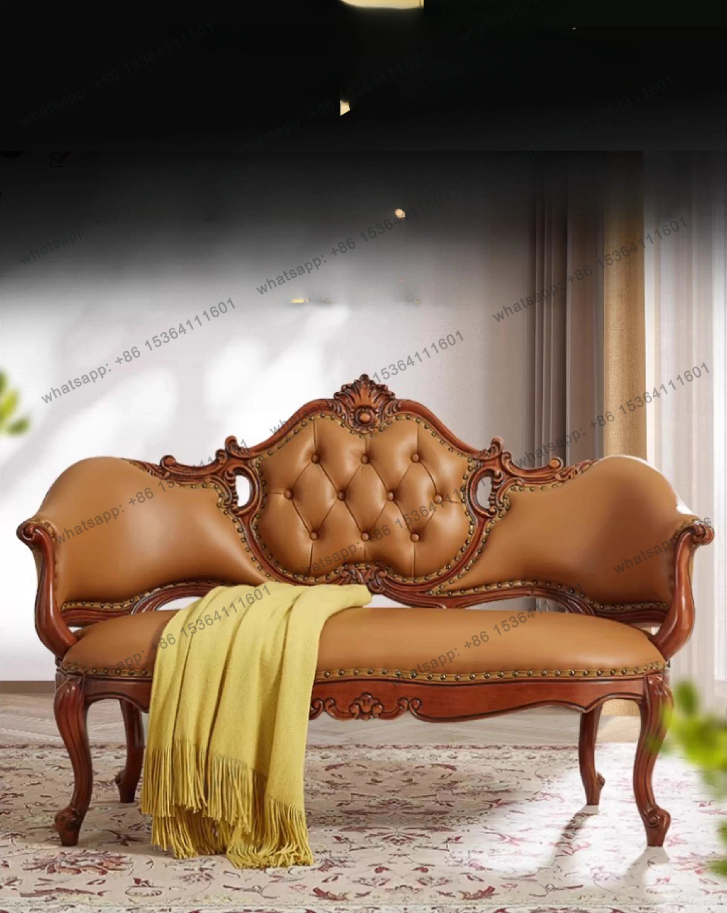

American solid wood chaise longue leather carved European living room lady single bedroom end chair