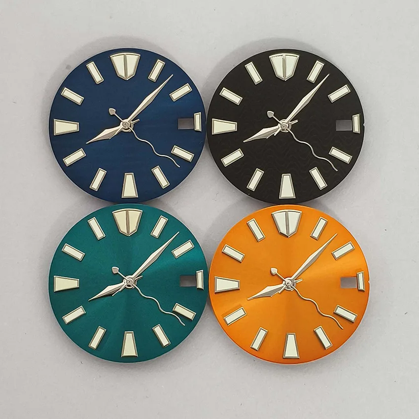 

28,5 мм зеленый светящийся циферблат Sunburst, металлический циферблат + модифицирующие ромбовидные стрелки для часов NH70/NH35/NH36, аксессуары для часов с механизмом