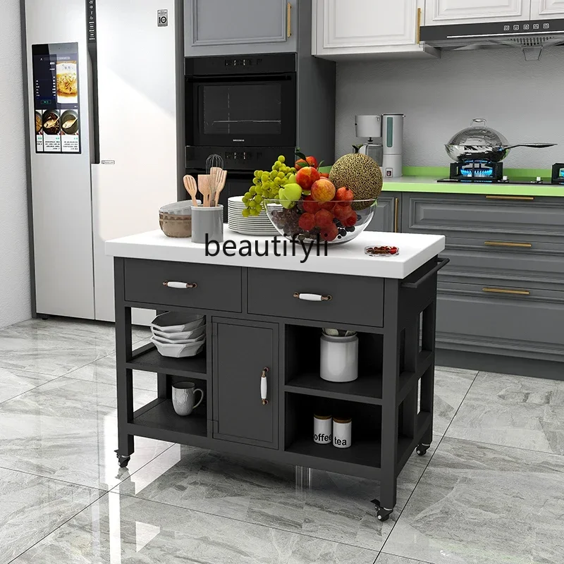 Open kitchen mid-island table marble side cabinet multi-functional cooking table removable