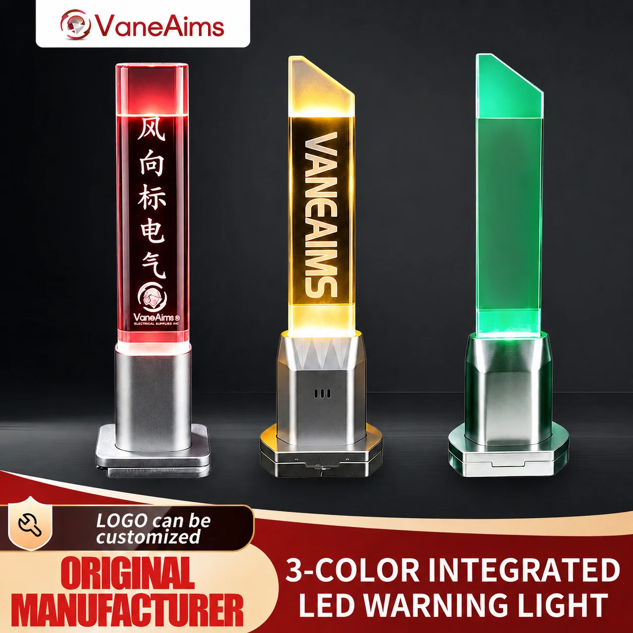 VaneAims 3-Color Integrated LED Warning Lamp Constant/Flashing with Custom Logo Red Green Yellow Industrial Signal Alarm Light